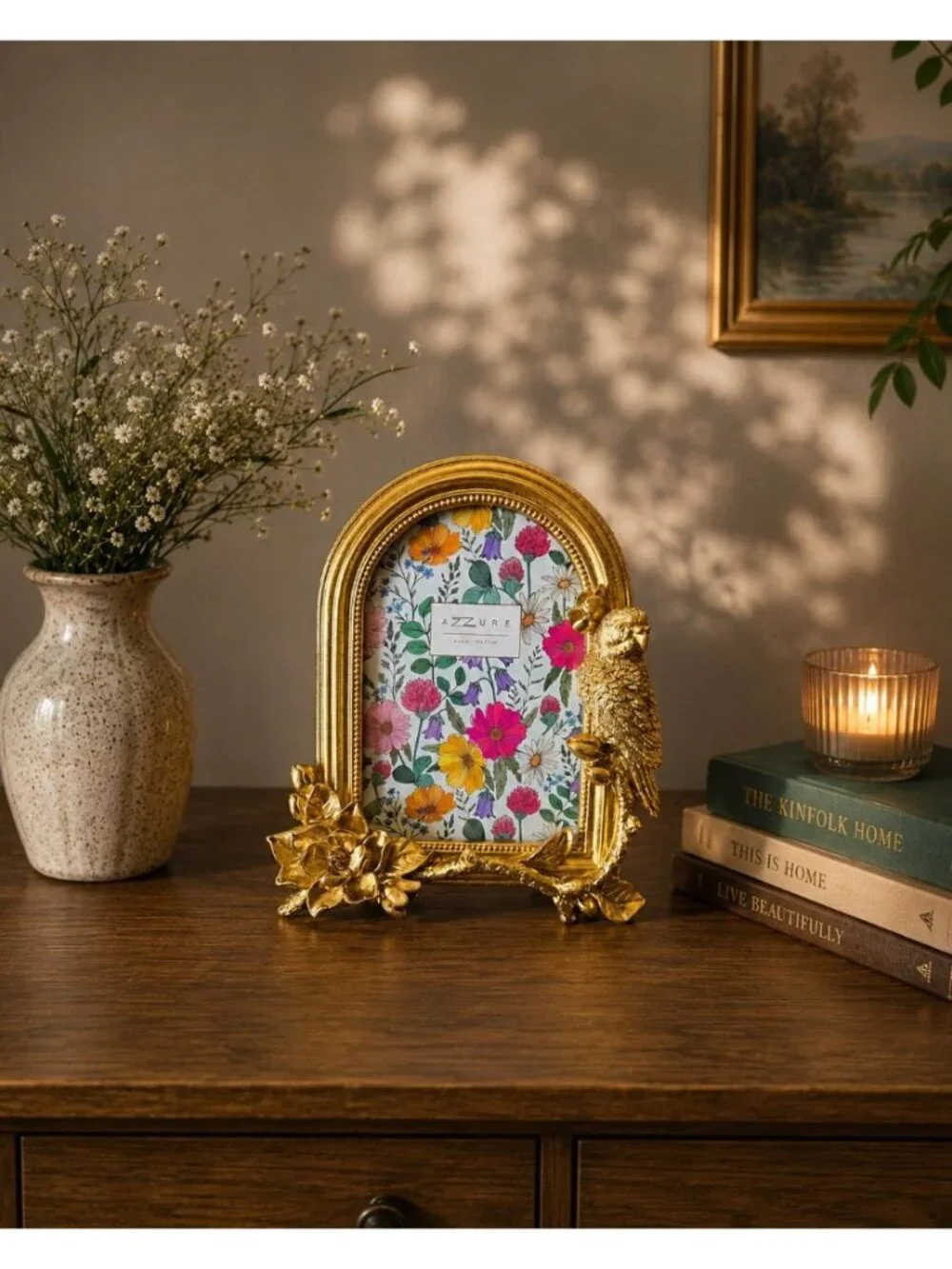 New Gold Figural Jungle Boho Parrot & Flowers Photo Picture Frame 4x6 Room Decor